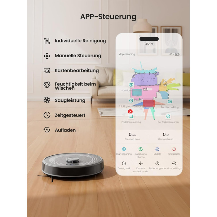 Робот-пилосос LEFANT M2 з функцією миття, 6000Pa, LiDAR-навігація, зони заборони, керування через APP/Alexa, для шерсті тварин, килимів та твердих підлог