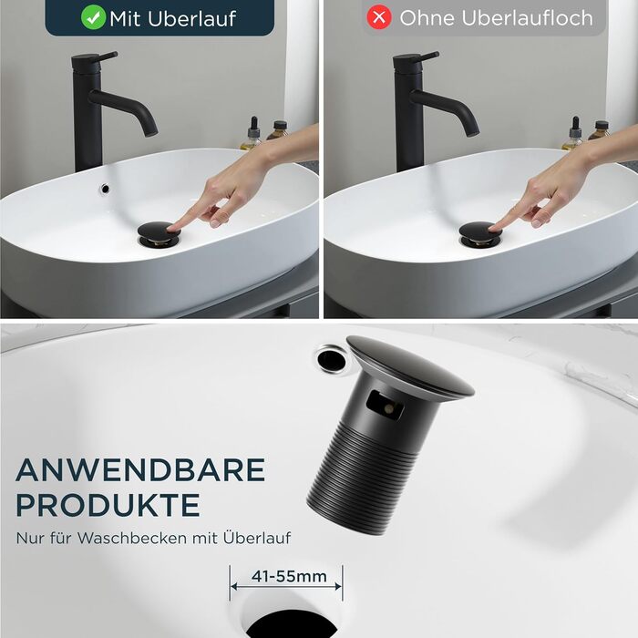 Змішувач для ванної кімнати FORIOUS з набором для зливу, чорний матовий, висота виливу 190 мм, однорідний змішувач для раковини