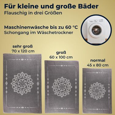 Килимок для ванної сірий 70x120 см, 100 бавовна, мандала, м'який, абсорбує, можна прати в пральній машині