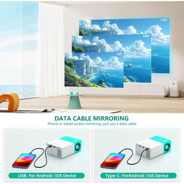 Портативний проєктор Mini Beamer YG300PlusMax: LED Pico проєктор для кінотеатру вдома, на вулиці. Підтримка USB, HDMI, Type-C, з пультом ДУ