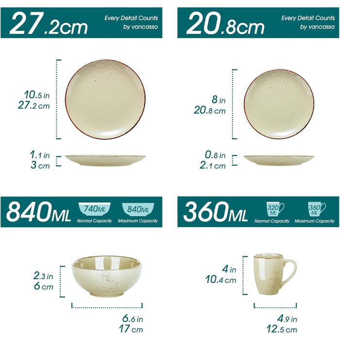 Набір посуду Vancasso Navia для 8 осіб (32 шт.) - сервіз зі stoneware, бежевий, вінтажний дизайн