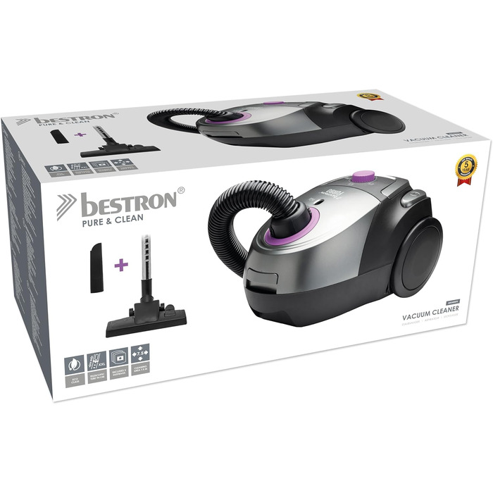 Пилсос Bestron з мішком, для прибирання підлоги, з 3 мішками, телескопічна труба 94 см, перемикач насадки для підлоги, радіус дії 7.5 м, HEPA 12 та мікрофільтр, миючий, чорний/фіолетовий