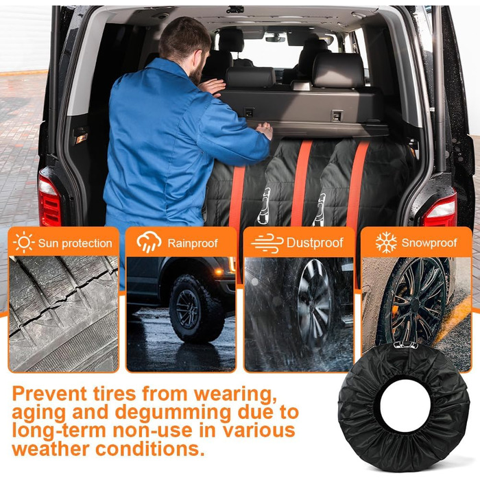 Набір чохлів для шин 4 шт., захисні чохли для шин 13-18 дюймів, з ручкою, для зимових та літніх шин, для чистого транспортування та зберігання, чорний, S(діаметр 66 см)
