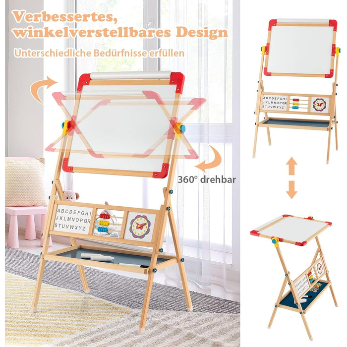 COSTWAY 3-в-1 дитяча мольберт-дошка з обертанням 360°, дерев'яний мольберт з двостороннім дощечкою, мольберт для малювання з полицею, рулон паперу, абакус, годинник та алфавіт для дітей від 3 років