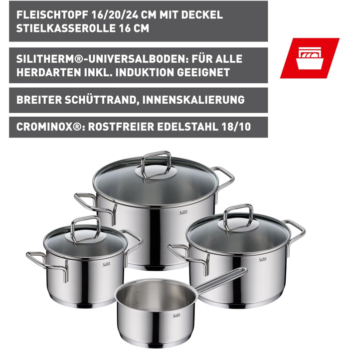 Набір кухонного посуду Silit Extra Cook 4-елементний: каструлі 16/20/24 см з кришкою, ковшик 16 см, внутрішня мірка, широке вушко, придатний для миття в посудомийній машині, з нержавіючої сталі Crominox