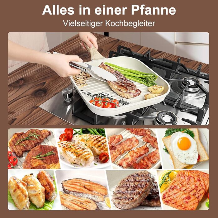 Сковорода-гриль GiPP 28x28 см, для стейків, індукційна, з алюмінію з гранітною антипригарним покриттям, без PFOA, для всіх типів плит, легко миється, біла