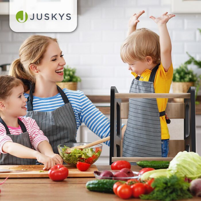 Стілець-сходинка Juskys Henny для дітей від 1 року, білий/чорний, 3 положення висоти, захист від перекидання, кухонний помічник