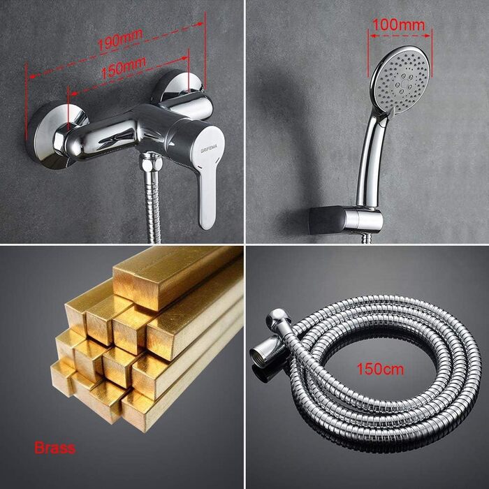 Система душова GRIFEMA Bad з ручною лійкою, настінна запірна арматура для ванни, змішувач для ванни, душовий шланг та кріплення, накладний монтаж, хром, модель G13003
