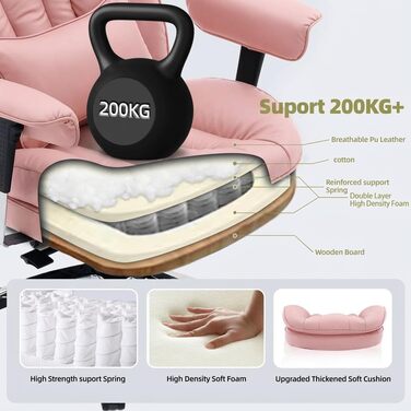 Ергономічне офісне крісло Efomao для дому та геймінгу, шкірзам PU, чорно-рожеве, до 200 кг, з підставкою для ніг та підтримкою попереку