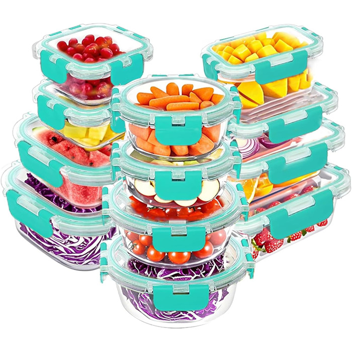 Набір контейнерів Verones 24 шт. з кришкою, зелені, скляні, для зберігання їжі, герметичні, стійкі до заморожування та миття в посудомийній машині