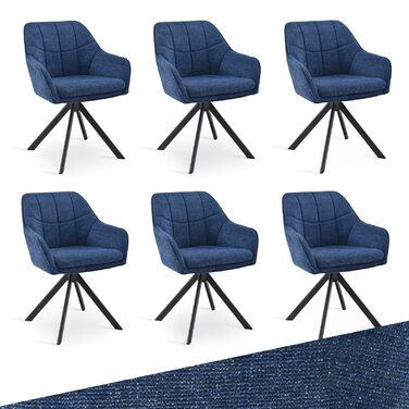 Обідні крісла поворотні, сірі, з підлокітниками, 6 шт. М'які крісла для кухні та вітальні з металевими ніжками, з тканини (темно-синій льон)
