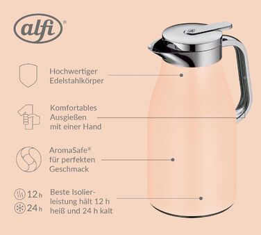 Термос Alfi SKYLINE 1.0л, пастельний колір, нержавіюча сталь, з термоізоляцією, гігієнічний вкладиш з термостійкого скла, поворотний замок з кнопкою, ергономічна ручка, для кави та чаю, BPA-free (1000 мл, Pastel Apricot Mat)