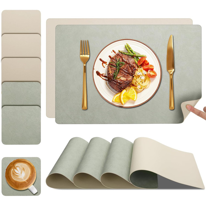 Набір серветок YIHELU 6 шт. з штучної шкіри, вологостійкі, неслизькі, легко миються, для кухні та їдальні, м'ятно-зелені/кремові