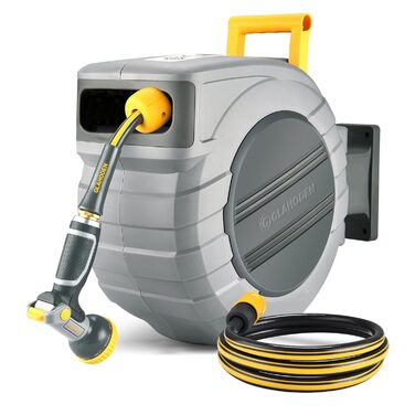 Шланговий барабан GLAHODEN з садовим шлангом 40 м + 2 м, стійкий до сонця та морозу, поворотний на 180°, настінна шланговий бокс з 9-функціональною розпилювальною насадкою