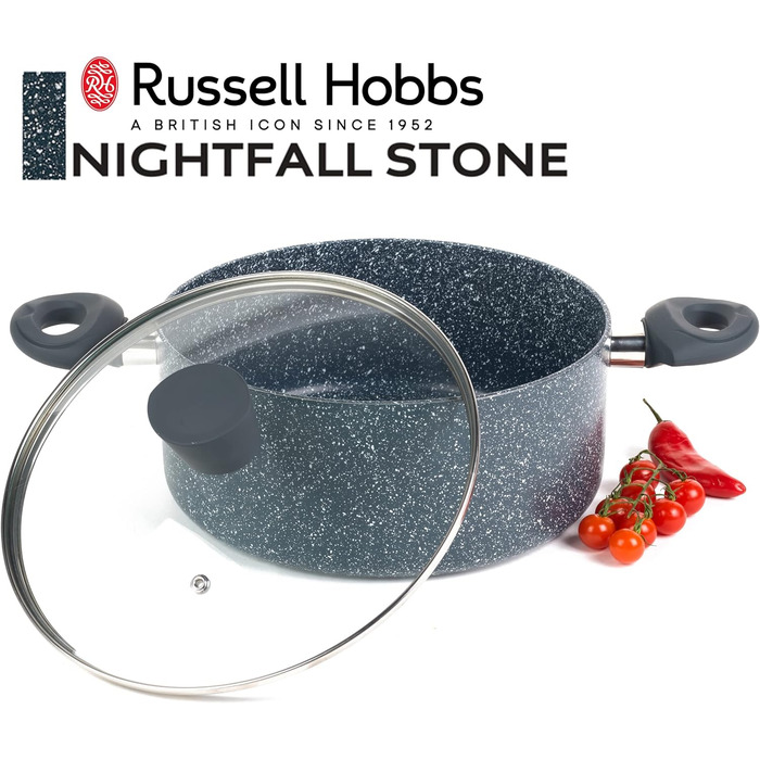 Каструля для приготування їжі Russell Hobbs RH00849EU Nightfall Stone, без бісфенолу А, приблизна ємність 4,5 л Каструля з антипригарним покриттям 24 см, маленька каструля зі скляною кришкою для виходу пари, каструлі індукційні, каструля з бакелітовою руч