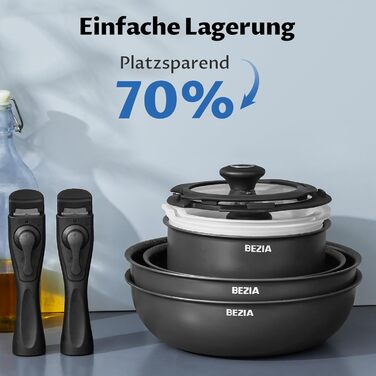 Набір антипригарних сковорідок BEZIA з знімними ручками, для всіх типів плит, з антипригарним покриттям, можна мити в посудомийній машині та використовувати в духовці, без PFAS, чорний