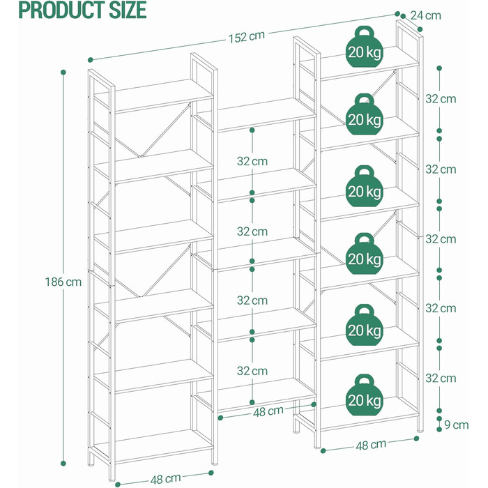 Книжкова шафа, 17 полиць, 6 полиць, Регульована, 24x152x186 см, 340 кг, Вітальня/офіс, Вінтаж коричнево-чорний