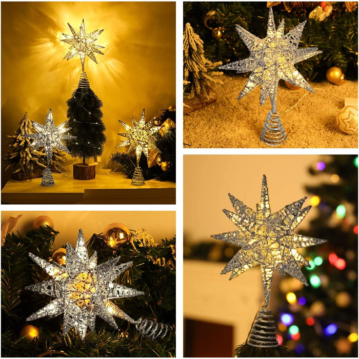 Мереживо для різдвяної ялинки, блискуча Різдвяна ялинка з підсвічуванням, блискуча 3D геометрична зірка, мереживо для різдвяної ялинки, Різдвяна прикраса, світлодіодний декоративний світильник, 28 см, що працює від батареї, (сріблястий)