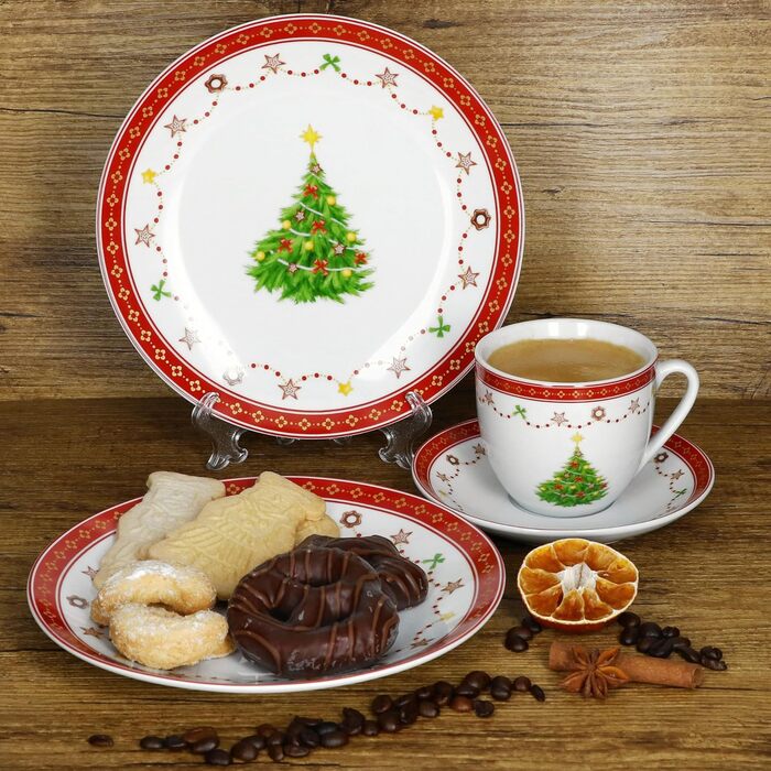 MamboCat Кавовий сервіс на 6 осіб (18 предметів) з різдвяним декором | 6 чашок 190 мл, 6 підставок, 6 тарілок | Фарфор, для святкування Різдва та Миколая