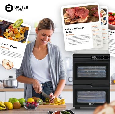 Електрична сушарка для фруктів та овочів Balter з нержавіючої сталі, 12 ярусів, 1100 Вт, 70 л, 12000 см² поверхні сушіння, BPA-free, 35–75 °C, таймер до 72 год, 2 камери