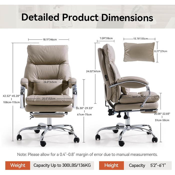 Офісний крісло EMIAH з підставкою для ніг, ергономічний крісло для офісу та дому, комп'ютерне крісло з PU шкіри, з підлокітниками та роликами (Хакі)