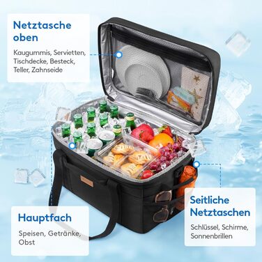 Термосумка-холодильник Lifewit 30л для пікніка, їжі та напоїв, чорна. Ізольована сумка-холодильник для роботи, кемпінгу, пляжу