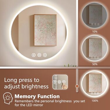 Дзеркало для ванної кімнати Habison з підсвічуванням 70x70 см LED, з годинником, сенсорним вимикачем, регулюванням яскравості, протизапобіжним покриттям, 3-кратним збільшенням, Bluetooth