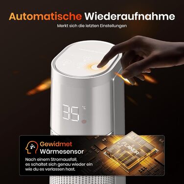 Електричний обігрівач з термостатом та ECO-режимом, 1500W, PTC керамічний, 4 режими, цифровий дисплей, таймер 12 годин, 35dB, срібний (74cm)