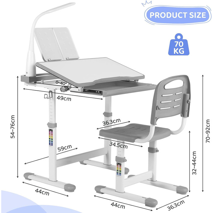 Дитячий письмовий стіл і набір стільців, регульований по висоті, багатофункціональний з лампою та підставкою для читання (сірий)