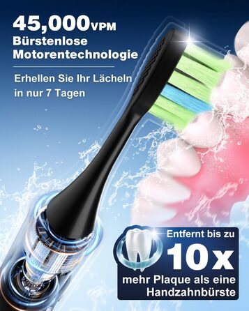 Електрична звукова зубна щітка, 45000 VPM, відбілювання за 1 тиждень, 120 днів роботи від акумулятора, індикатор заряду, 6 насадок DuPont, 5 режимів, таймер, чорна