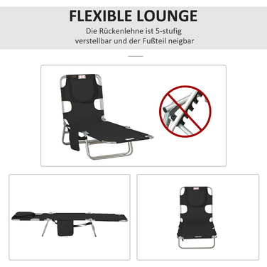 Шезлонг для саду з підголівником, масажний шезлонг для відпочинку на відкритому повітрі, з кишенею збоку, виготовлений з тканини та металу, чорного кольору.
