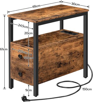 Журнальний столик HOOBRO із зарядною станцією, 2 ящики, порт USB, розетка, темно-коричневий, вінтажний коричневий