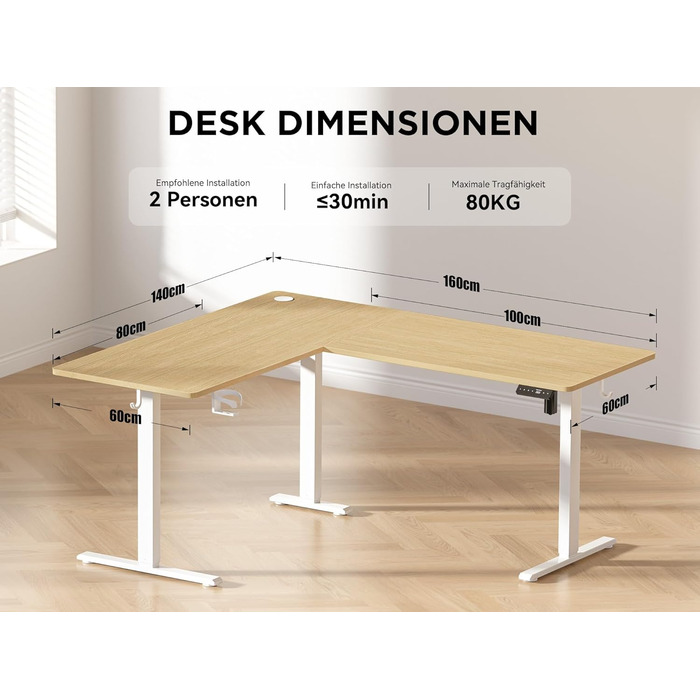 Електричний кутовий стіл WALKINGDESK 160 x 140 см з регулюванням висоти, для офісу, геймінгу, з кабелеуправлінням, колір дуб