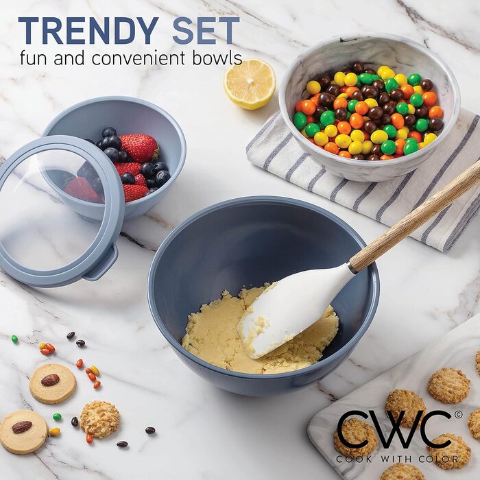 Набір мисок для змішування Cook With Color (12 шт.) з кришками TPR – 6 мисок для приготування їжі та 6 кришок, підходить для мікрохвильової печі (синій та білий)