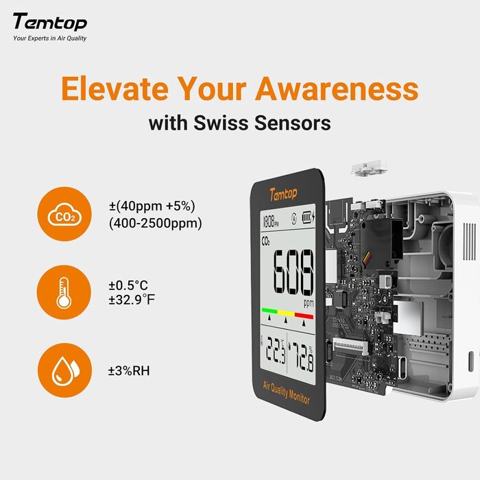 Temtop C1 - CO₂ монітор, термометр та гігрометр: точне вимірювання якості повітря вдома, в офісі, школі
