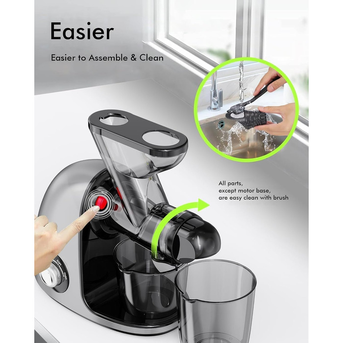 Соковижималка SiFENE Slow Juicer - подвійний калібр, не засмічується, функція реверсу проти блокування, дрібне подрібнення без фільтра, електрична соковижималка, зі щіткою та 2 чашками сірого кольору