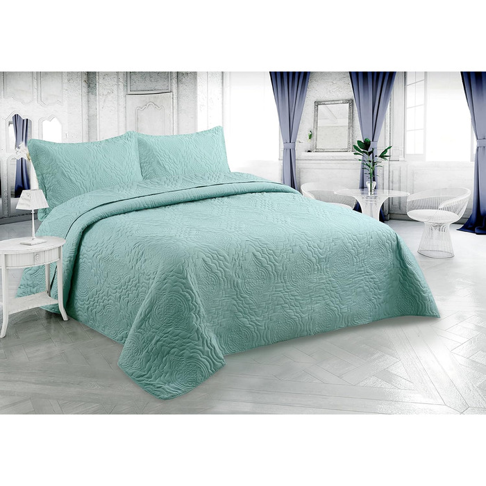 Покривало/покривало Marina Decoration Pinsonic, набір із 3 предметів, з 2 стьобаними наволочками, однотонний, для ліжок -розміру (зелений, queen)
