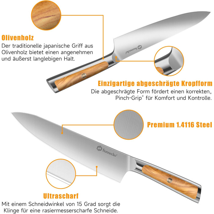 Набір ножів Sunnecko 6 шт. з підставкою – кухонний набір ножів для кухні, з ергономічними ручками та гострими лезами, з підставкою з нержавіючої сталі та акацієвого дерева
