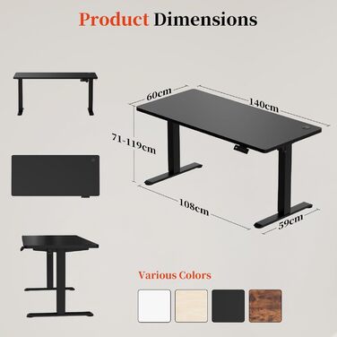 Електричний стіл 140x60 см: регульована висота, цільна стільниця, комп'ютерний стіл, без швів (чорний)