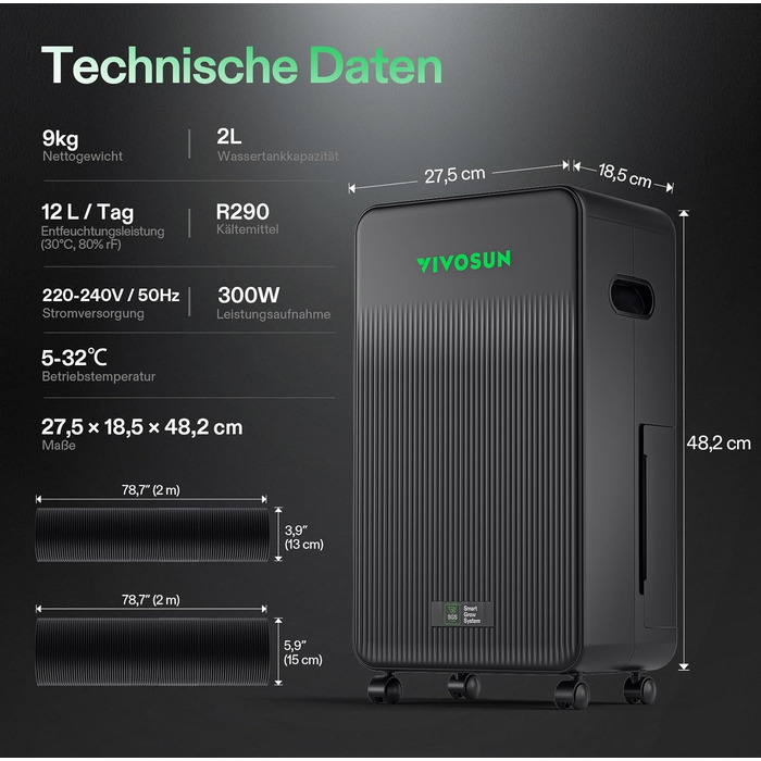 VIVOSUN AeroDrain D12 - Електричний осушувач повітря 12л/день з датчиками температури та вологості, дистанційне керування, для підвалу, ванної кімнати та гроу-тента