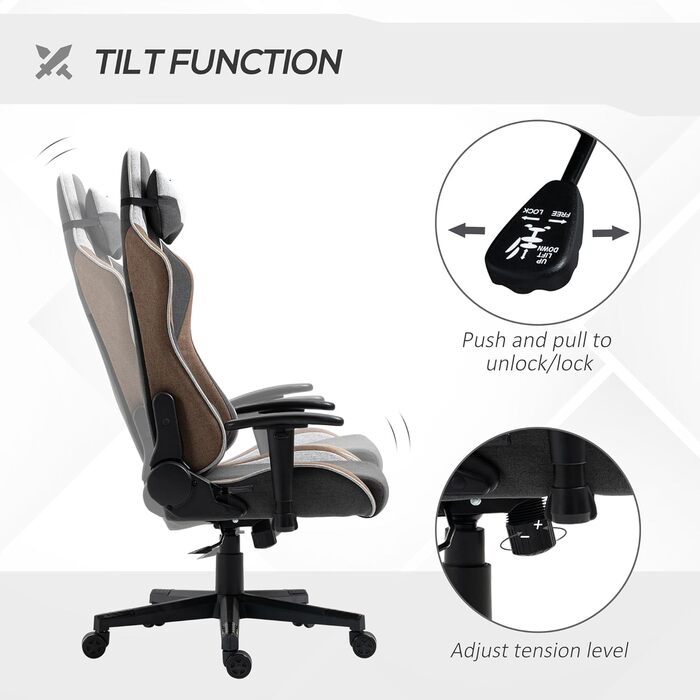 Крісло ігрове Vinsetto Ergonomic з регулюванням висоти, підголівником та підтримкою попереку, сірий