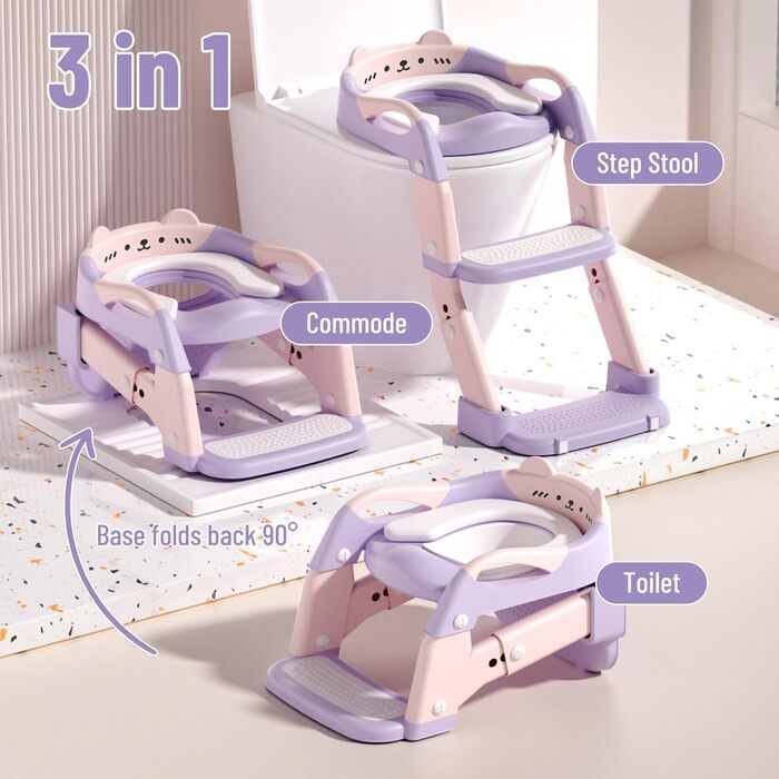 Дитячий унітаз-сходи 3-в-1 з поручнями, регульована висота, рожевий - тренажер для привчання до горщика