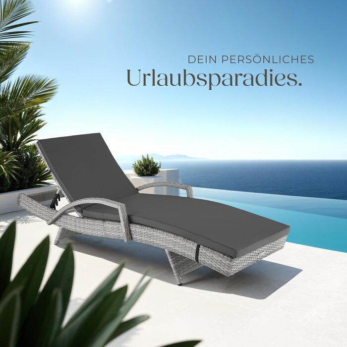 Шезлонг Tectake з поліротангу, регульована спинка, стійкий до погодних умов, з м'яким матрацом, для саду, балкону та тераси (світло-сірий)