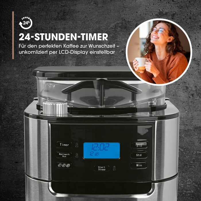 Кавомашина Barista Filterkaffeemaschine з регульованим млинком та скляною колбою | Функція підігріву, таймер 24 год та постійний фільтр | Для 10 чашок кави | Кавомашина для зерен та меленої кави [Нержавіюча сталь] 6) Нержавіюча сталь - скляна колба - з мл