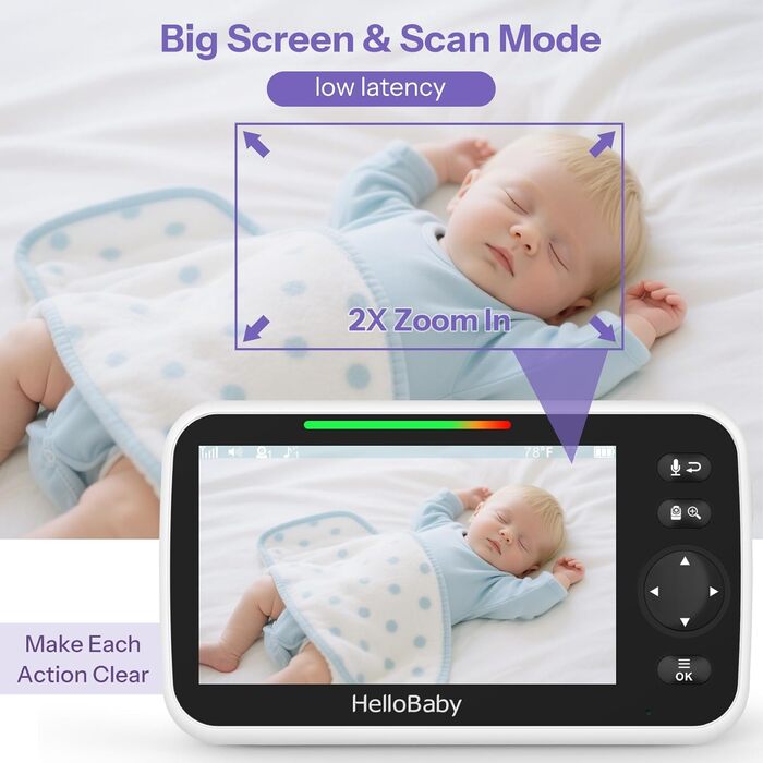 Радіоняня HelloBaby з камерою, 29 год автономії, поворотна камера 318°/120°, нічна зйомка, двосторонній зв'язок (HB50)