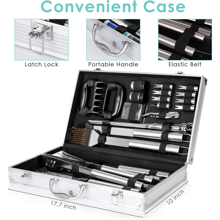 Набір барбекю 32 шт. з нержавіючої сталі: щипці, виделка, лопатка, аксесуари для гриля, кейс з алюмінію. Ідеальний подарунок для чоловіків.
