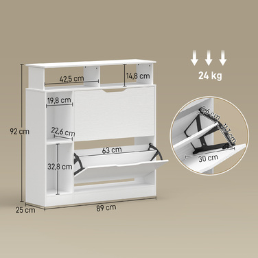Шафа для взуття з 2 дверцятами та похилим механізмом, з регульованою перегородкою та відкритою полицею на 12 пар взуття, 89 x 25 x 92 см, біла