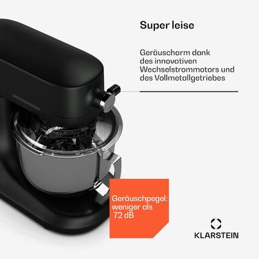 Кухонна машина Klarstein Chiara 1600W: 5л чаша з нержавіючої сталі, 12 швидкостей, LCD-дисплей, тиха робота (≤72 дБ), набір для випічки, корпус з алюмінію, чорний колір