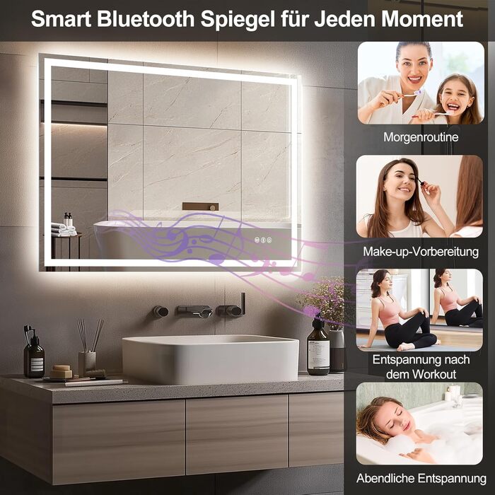Дзеркало для ванної кімнати зі світлодіодним підсвічуванням 50x70 см, дзеркало з сенсорним вимикачем, Bluetooth (80x60 см)