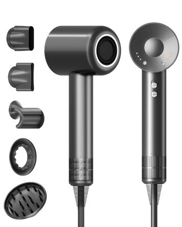 Фен для волосся з дифузором та 5 насадками для стайлінгу, іонізація, безщітковий мотор 1600 Вт, низький рівень шуму, сірий
